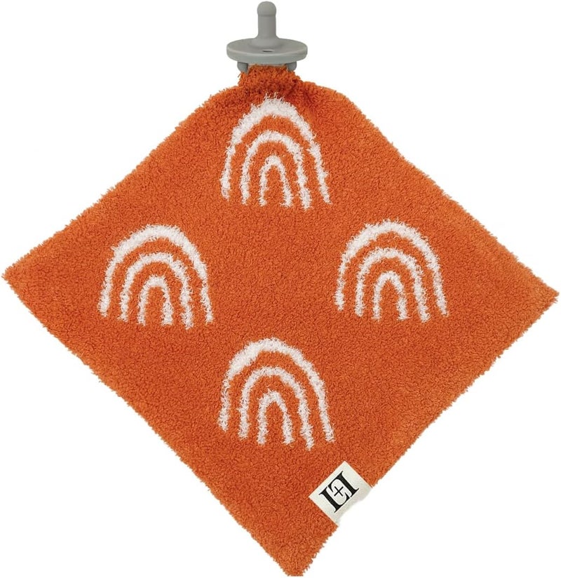 Leaps + Legends L+L USA Rainbow Baby Lovey Pacifier/Teether Holder 10"x10" - DreamSoft Plush Fluffy Cuddly Soothie Reversible Mini Comfort Blanket - Cute Newborn Gift Essential Babies Boys Girls (Rust Orange/White) - Image 1